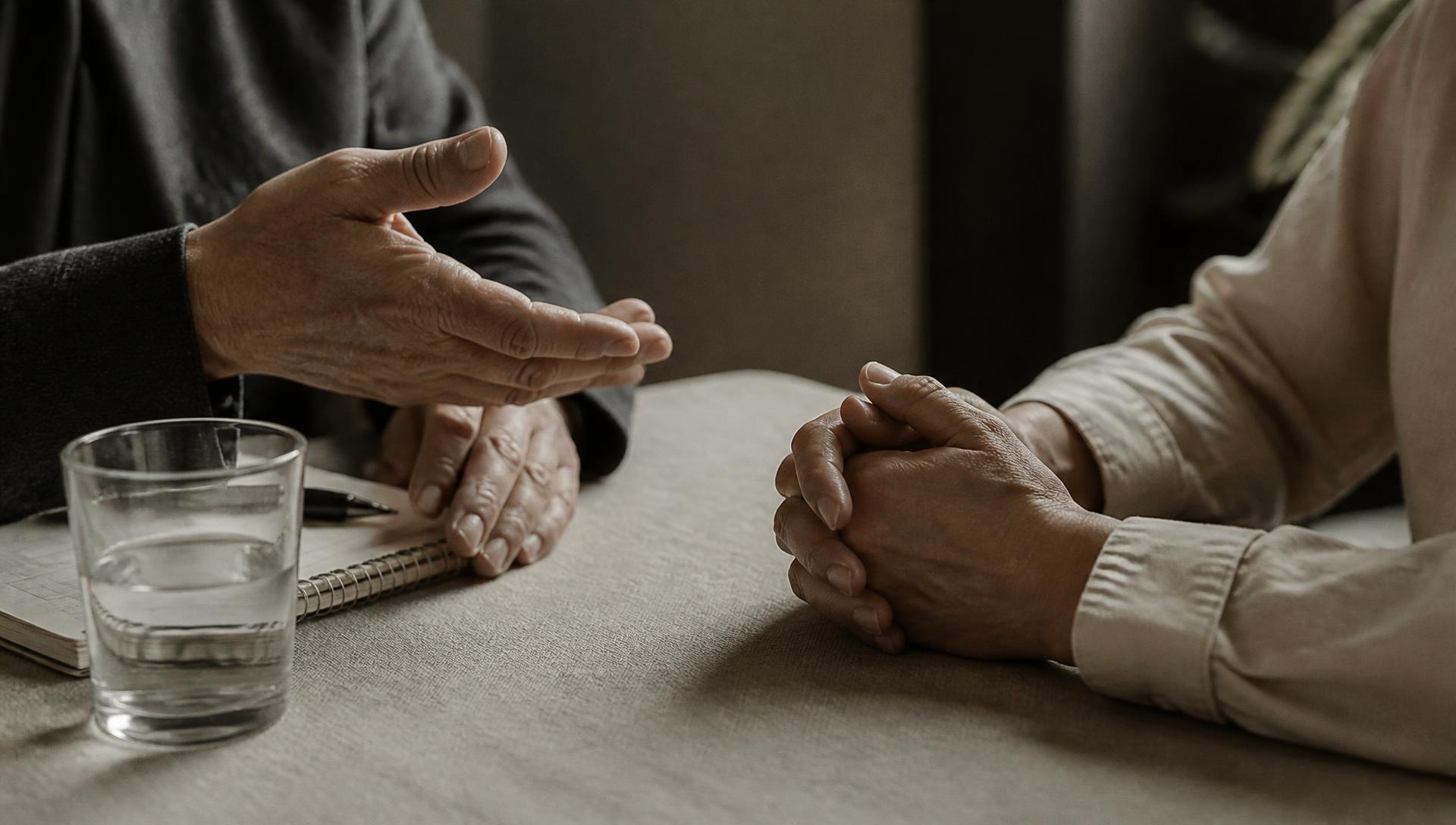 Close view of two pairs of hands resting on a table during a conversation