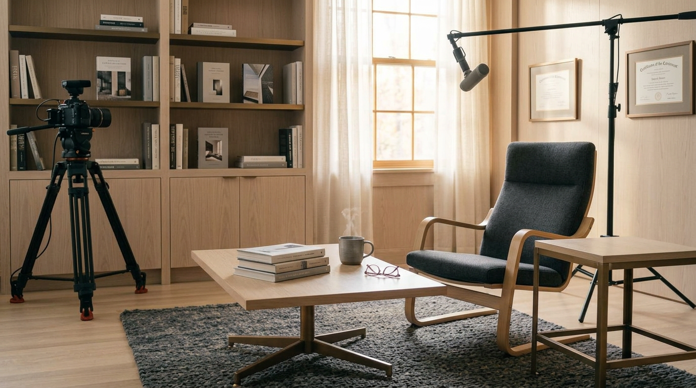 A professional interview setup: a cinema camera on a tripod, a softbox light, and a boom microphone arranged around an empty chair in a calm, modern studio.