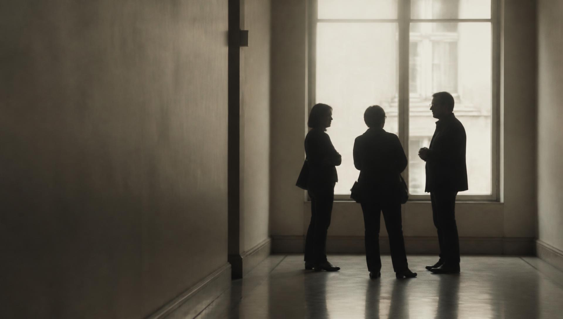 Silhouettes of three practitioners in conversation beside a tall window